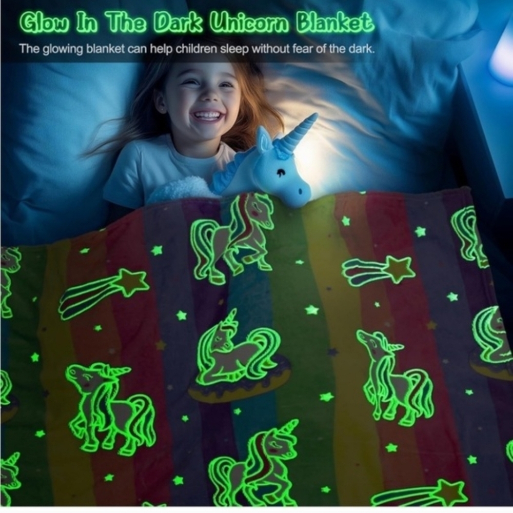 Girls Premium Flannel Throw Blanket Colorful Unicorn Glow-in-the-Dark - Picture 3 of 11